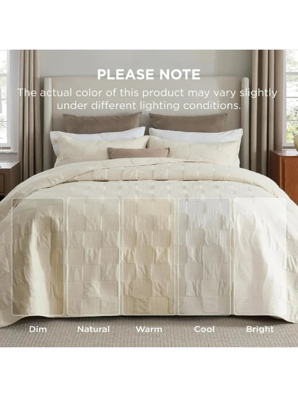 100% Cotton King Quilt Set, Checker Pattern, Soft Beige Comforter for Cozy